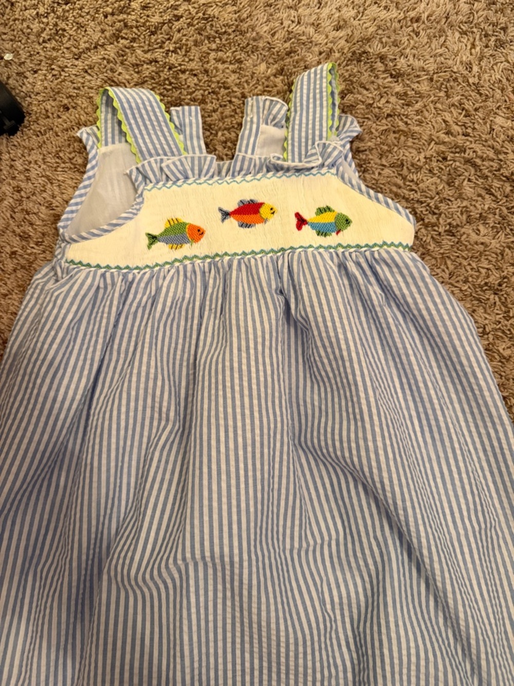 Blue and White Striped Smocked Dress with Colorful Fish Embroidery